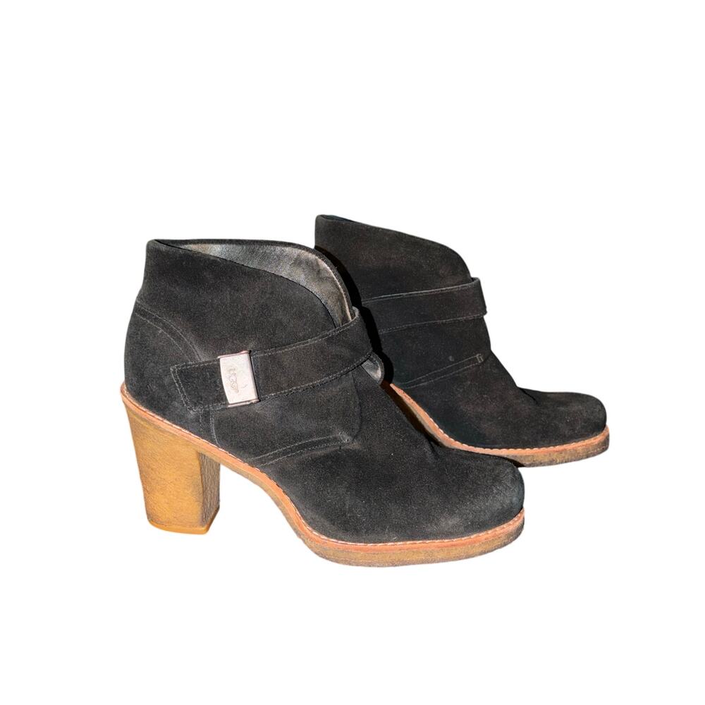 UGG Brianne Black Suede Ankle Boots Women’s 10 Shearling Lined Buckle 3.5” Heel